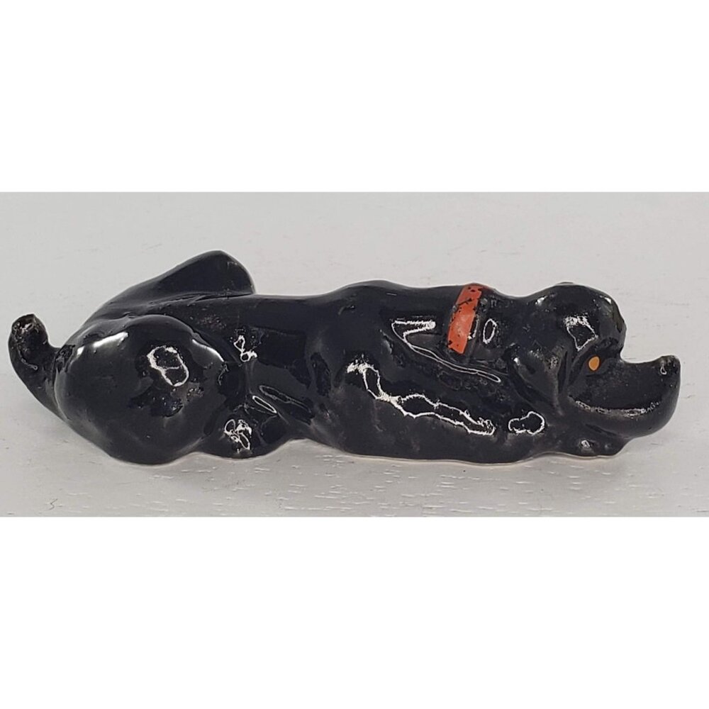 Vintage Black Poodle Red Collar Figurine Lying Down MCM